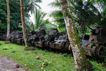 A collection of Japanese WW2 military tanks in the forest on the remote tropical island of Pohnpei, Federated States of Micronesia FSM