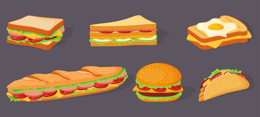 A set of sandwiches and toast.Juicy delicious sandwiches with bacon, cheese, sausage and vegetables.Vector illustration on a white background.