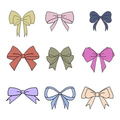 Bow icons set. Collection of different cute of bows. Set of bows. Illustration white background. Decoration of bows. Colorful of bows.