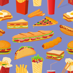 Fast food seamless pattern.Various elements of street food on a blue background.Vector illustration.