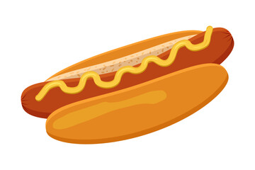 Hot dog.A bun with sausage and mustard.Vector illustration isolated on a white background.