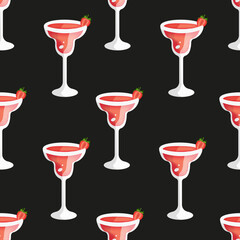 Glass with a margarita cocktail pattern with a slice of strawberry on a stylish black background. Vector illustration with red alcohol cocktail with tequila and berry.
