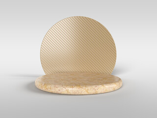 3D rendering Luxury golden marble podium for product display. Transparent background scene with gold back circle.