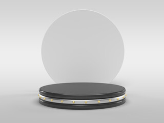 3D rendering Realistic minimalist podium for product display. Floating light scene with golden circle.