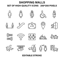 A set of simple, high-quality linear icons for shopping malls, stations, airports and other public places