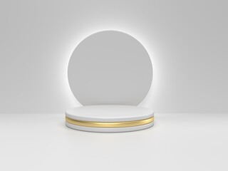 Realistic minimalist podium for product display. Light scene with golden circle.