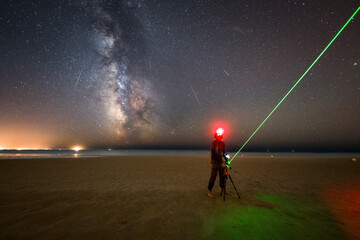person at the beach taking photos. Nightscape with the milky way and a person.
