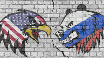 USA vs Russia, eagle with the American flag versus bear with the Russian flag Russian, painted on a wall in the mornings and a crack in the middle. Conceptual illustration