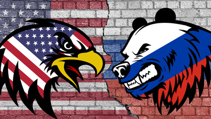 USA vs Russia, eagle with the American flag against bear with the Russian flag Russian. In the background a brick wall with the flags of the two countries. Conceptual illustration