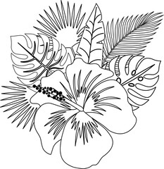 Tropical plants with Hawaiian flower botanical drawingTropical plants with Hawaiian flower botanical drawing