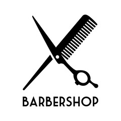 Logo con texto Barbershop con silueta de tijera de peluquero con peine en aspa en color negro