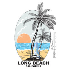 long beach California, Palm tree island print design for t shirt print, poster, sticker, background and other uses. Beach vibes with surfing board vintage print design. - obrazy, fototapety, plakaty