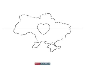 Continuous line drawing of Map of Ukraine. The heart as a symbol of support for Ukraine. Ukraine's gratitude for the support. Template for your design works. Vector illustration.
