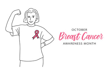 Breast Cancer Awareness Month October banner with copy space. Happy confident woman showing muscle, pink ribbon badge. Vector hand drawn style black and white simple contour line drawing of female
