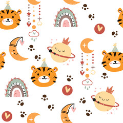 Cute tiger head and planet in boho style seamless pattern. Vector cartoon illustration. Design for nursery art, t-shirts, posters