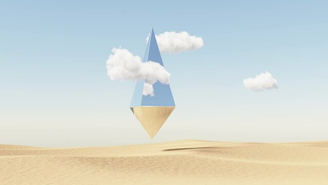 Desert landscape with an anomalous floating object. Desert sky with clouds and foreign artifact.