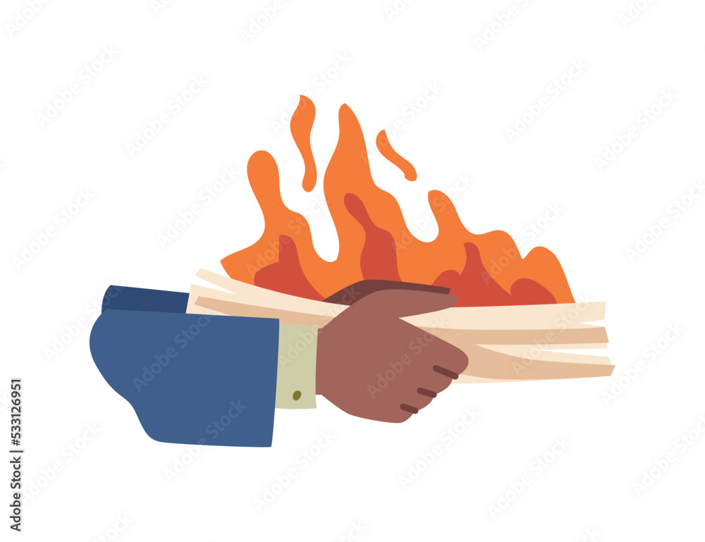 Poster Business report in fire, urgent burning work. Isolated pile of papers in hands, burning pages with flames. Deadlines and problems with completion. Vector in flat style