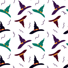Seamless Witch Hat Pattern for Halloween. Cute holiday print. Vector illustration on a white background for decor, wrapping paper