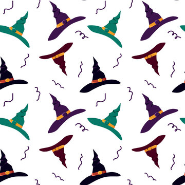 Seamless Witch Hat Pattern for Halloween. Cute holiday print. Vector illustration on a white background for decor, wrapping paper