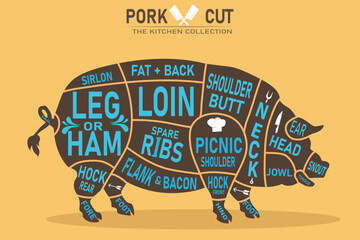 Cut Meat Set Poster Butcher Diagram, Project and Manual - Pig. Vintage print hand drawn  illustration.