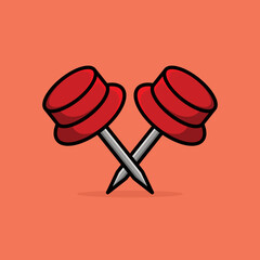 Red combination cartoonish thumbtack pin isolated on a red background. Vector illustration ready to use for your design. 