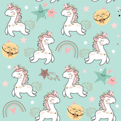 Cute unicorn, rainbow and sun in boho style seamless pattern. Vector cartoon illustration. Nursery, greeting card, poster, baby shower, pajama print