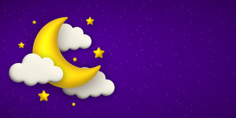 Obraz na płótnie Canvas Night sky background with cute 3d clouds, golden moon and stars. Vector illustration.