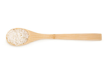 Rice on an isolated white background. Rice in a wooden spoon.