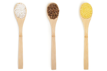 Buckwheat, couscous  and rice on an isolated white background. Buckwheat, couscous  and rice in wooden spoons