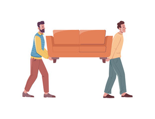Moving furniture or making rearrangements at home. Isolated people transporting couch. Male characters carrying piece of sofa. Vector in flat cartoon style