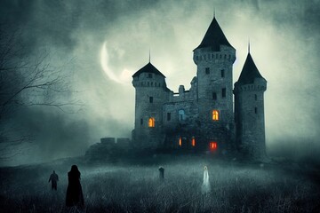 Naklejka premium illustration of a castle in the midnight with ghosts