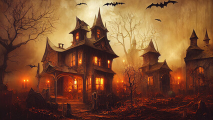 Halloween  spooky  haunted house  background, digital illustration - obrazy, fototapety, plakaty