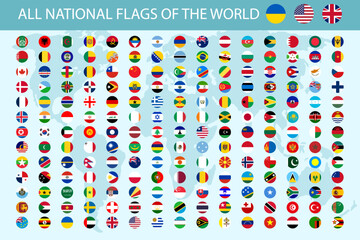 All national flags of the world.  round shape with shadow flag isolated on white background