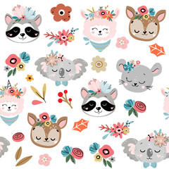 Fototapeta premium Head funny animals boho style seamless pattern on a white background. Vector illustration on white background. T-shirt design
