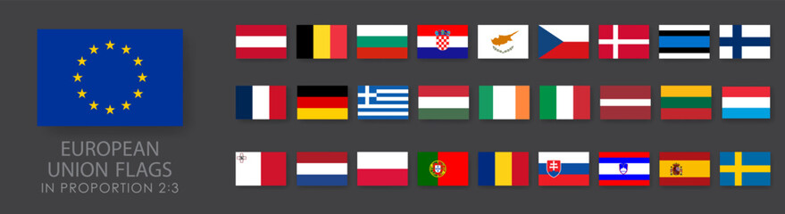 All Europe Flags round rectangle flat buttons isolated on white