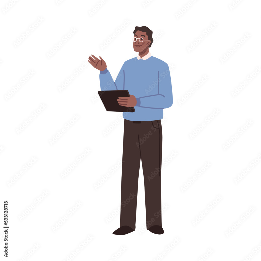 Poster Coordinator or manager standing with notebook controlling process. Isolated male character working on project. Businessman or director. Vector in flat cartoon style