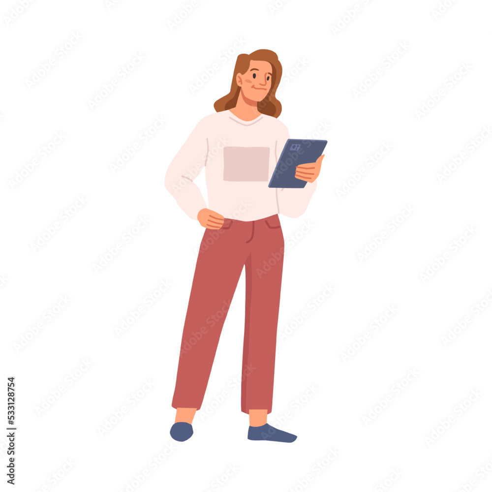 Poster manager or business woman controlling the project. isolated female character checking the info from 