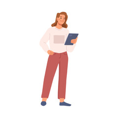 Manager or business woman controlling the project. Isolated female character checking the info from notebook. Boss or director. Vector in flat cartoon style