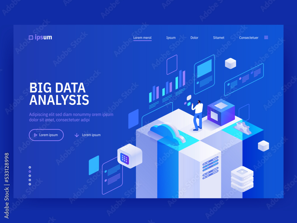 Poster big data analysis website landing page template. abstract 3d datacenter. network mainframe infrastru