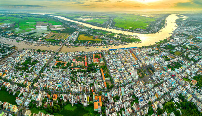 Chau Doc city, An Giang Province, Viet Nam, aerial view. This is a city bordering Cambodia in the...