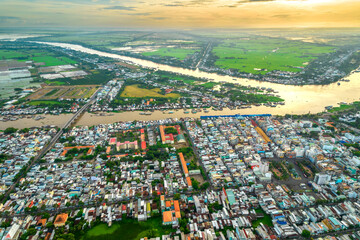 Fototapeta premium Chau Doc city, An Giang Province, Viet Nam, aerial view. This is a city bordering Cambodia in the Mekong Delta region of Vietnam.