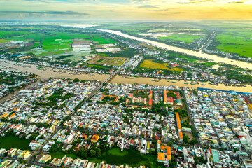 Fototapeta premium Chau Doc city, An Giang Province, Viet Nam, aerial view. This is a city bordering Cambodia in the Mekong Delta region of Vietnam.