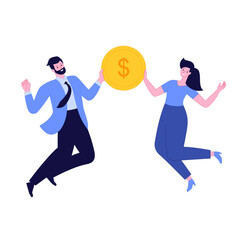Fototapeta na wymiar Happy business people or office workers in jump. Successful team with coin sign. Award ceremony for winners. Quality mark with dollar. Gender equality. Vector illustration