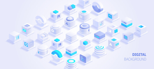 Web banner design of digital technologies concept. Abstract isometric cubes with text place on white background. Online communication and blockchain. Vector illustration of advertising landing page