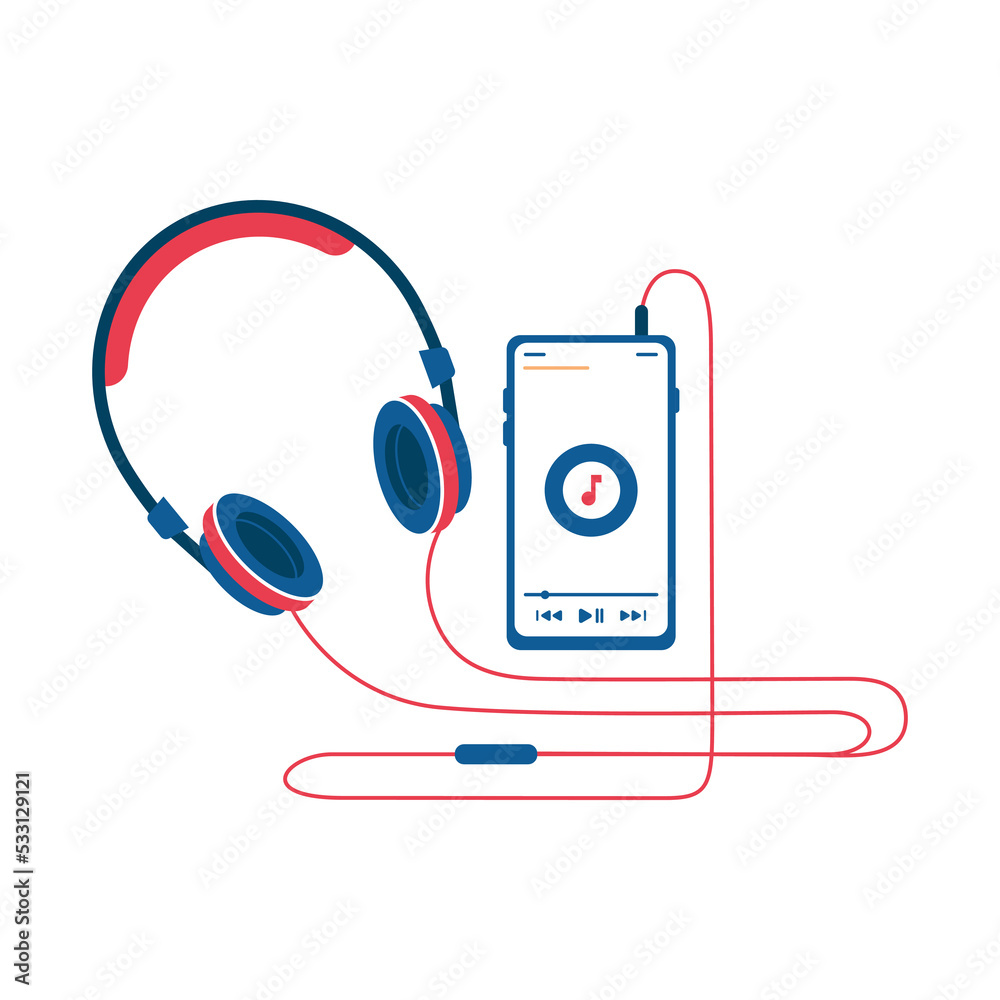 Poster smartphone with headphones, isolated gadget for listening to music and songs on go. evolution of pla