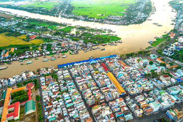 Chau Doc city, An Giang Province, Viet Nam, aerial view. This is a city bordering Cambodia in the Mekong Delta region of Vietnam.