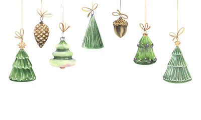 Christmas toys, beautiful christmas trees, pine cone and acorn, bright set of pendants, watercolor  winter isolated decors, horizontal border for greeting, invitation cards or print. - 533129147