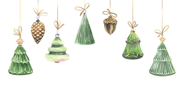Christmas toys, beautiful christmas trees, pine cone and acorn, bright set of pendants, watercolor  winter isolated decors, horizontal border for greeting, invitation cards or print.
