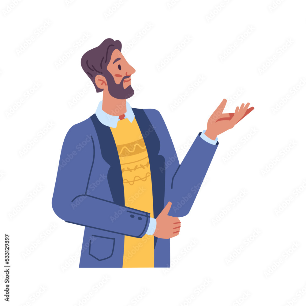 Poster gesturing businessman wearing formal suit presenting and showing aside with hand. male character on 