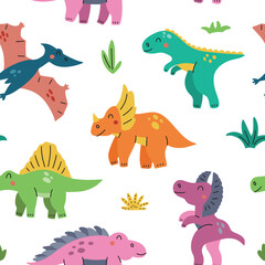 Funny seamless pattern with cartoon dinosaurs. Hand drawn vector doodles for girls, boys, kids for fashion clothes, shirt, fabric